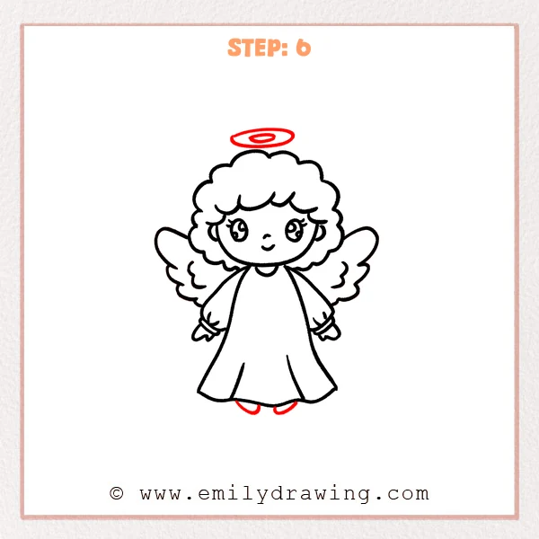 how to draw a cartoon angel - Cartoon angel with wings and robe, now featuring a simple oval halo above the head and two small feet peeking out under the hem.